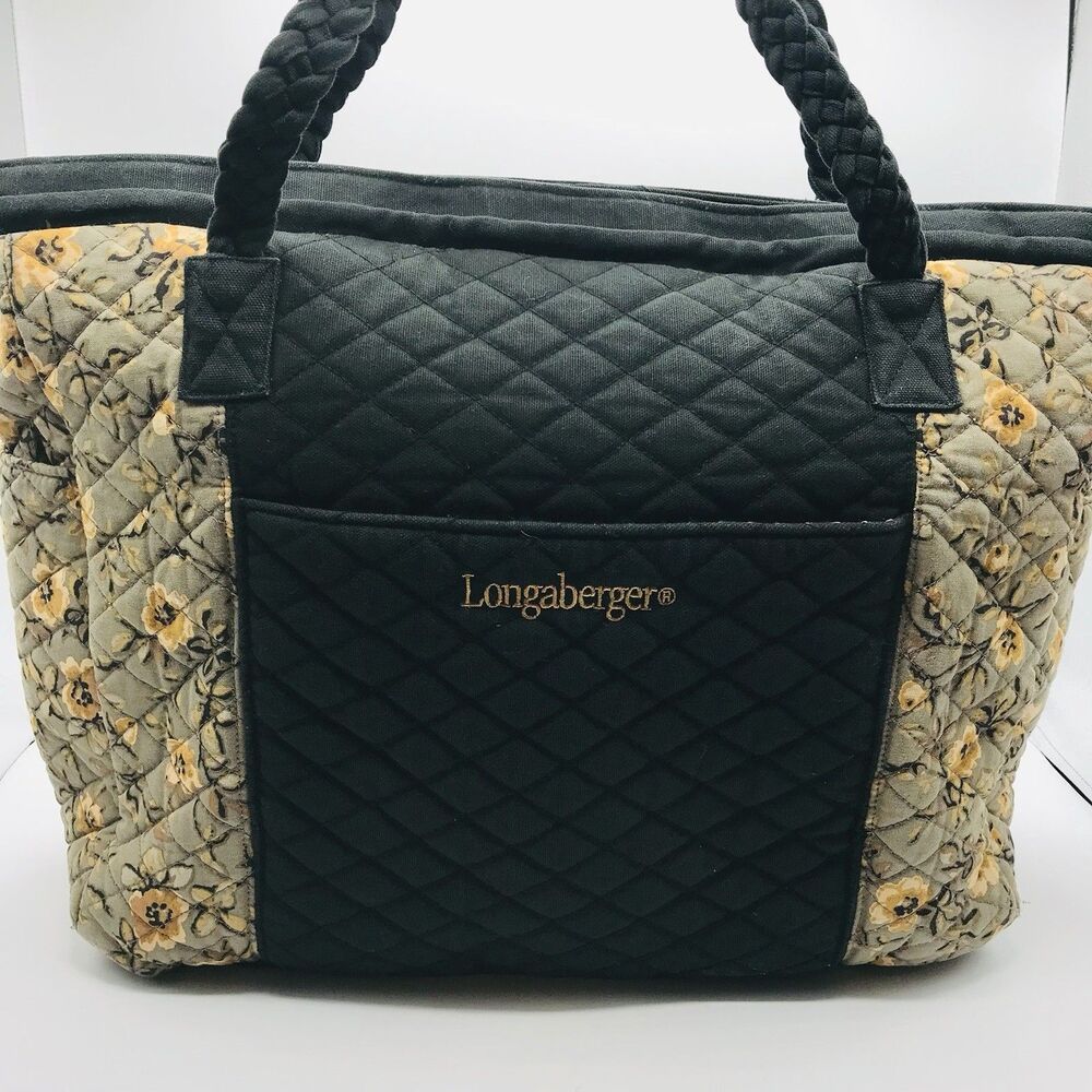 Lg Longaberger Khaki Floral Fabric Bag With Braided Straps Boho 15x13x8 Inches